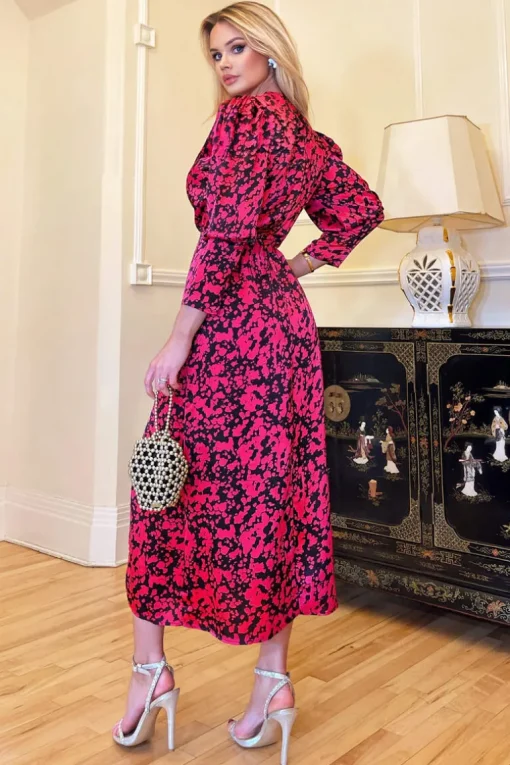 Cerise Printed Wrap Top Split Skirt Midi Dress