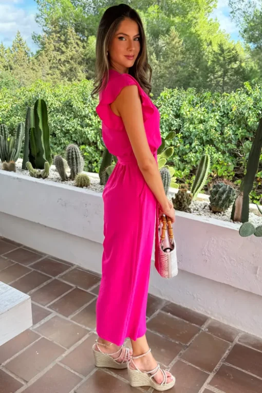 Cerise Wrap Top Flutter Sleeve Belted Jumpsuit