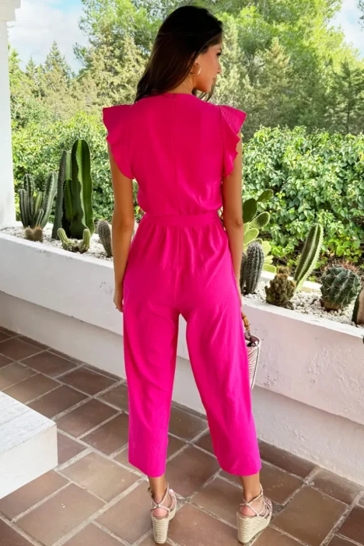 Cerise Wrap Top Flutter Sleeve Belted Jumpsuit