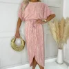Champagne Short Sleeve Tie Waist Plisse Midi Dress