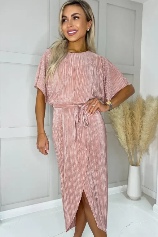 Champagne Short Sleeve Tie Waist Plisse Midi Dress