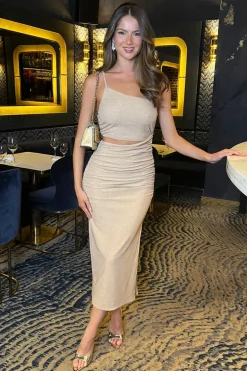 Champagne Sparkle Asymmetric Cut Out Ruched Bodycon Midi Dress