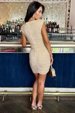 Champagne Sparkle Ruched Skirt Bodycon Mini Dress