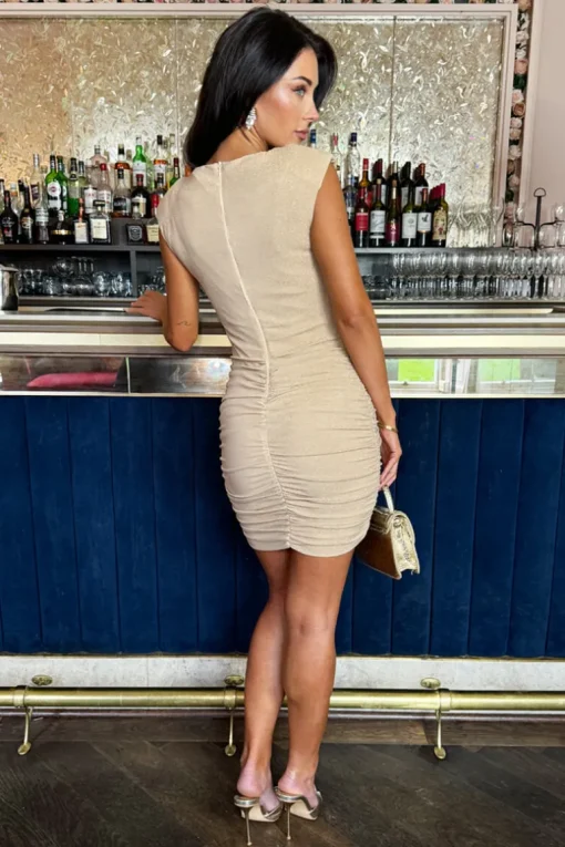 Champagne Sparkle Ruched Skirt Bodycon Mini Dress