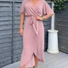 Champagne Wrap Top Belted Short Sleeve Plisse Midi Dress