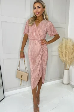 Champagne Wrap Top Short Sleeve Plisse Gathered Midi Dress
