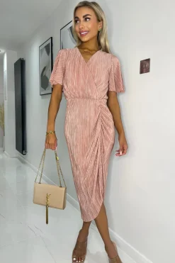 Champagne Wrap Top Short Sleeve Plisse Gathered Midi Dress