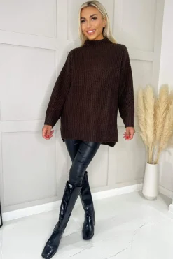 Chocolate Mock Neck Oversized Knit Jumper