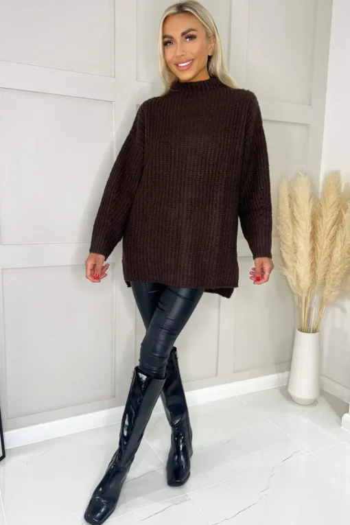 Chocolate Mock Neck Oversized Knit Jumper