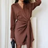 Chocolate Satin Wrap Long Sleeve Mini Dress