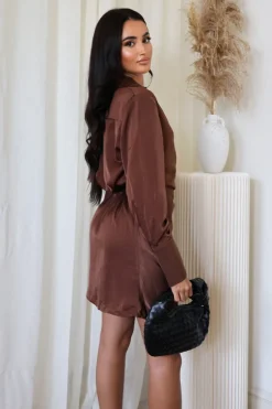 Chocolate Satin Wrap Long Sleeve Mini Dress