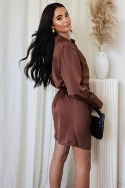 Chocolate Satin Wrap Long Sleeve Mini Dress