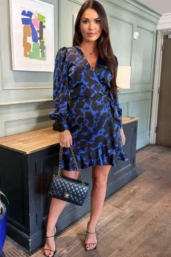 Cobalt And Black Print Wrap Mini Dress