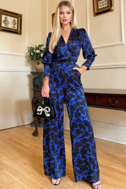 Cobalt and Black Print Wrap Top Jumpsuit