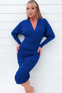 Cobalt Blue Ruched Wrap Top Midi Dress