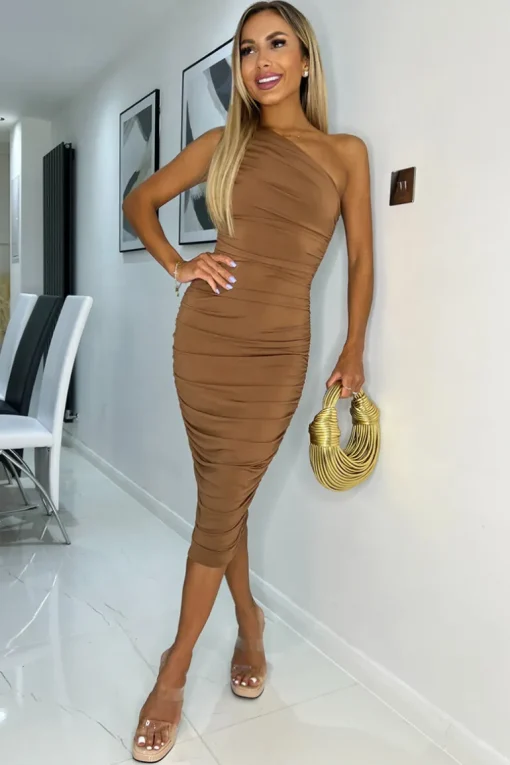 Coffee One Shoulder Bodycon Ruched Midi Dress