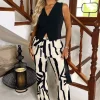 Cream And Black Abstract Print Wide Leg Trousers