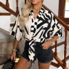 Cream And Black Abstract Print Button Front Tie Waist Top