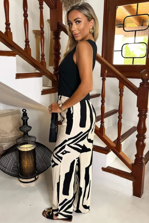 Cream And Black Abstract Print Wide Leg Trousers