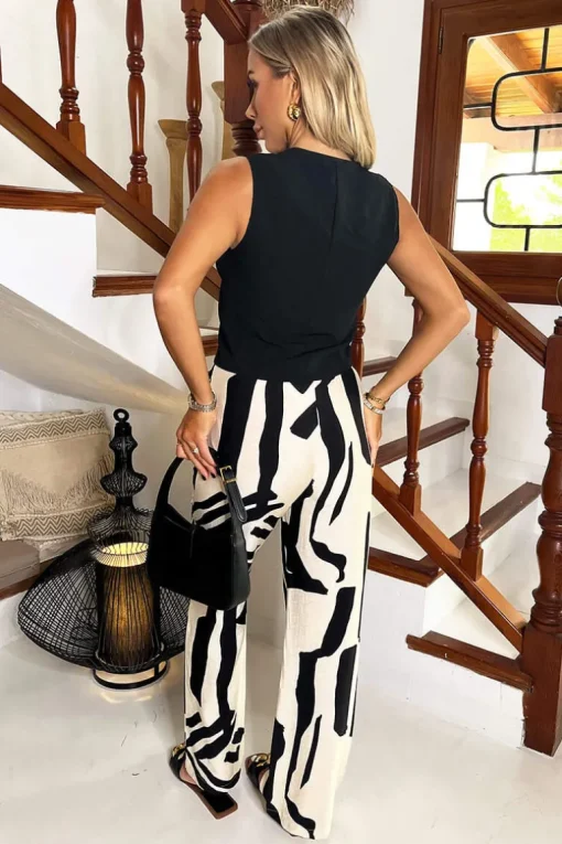 Cream And Black Abstract Print Wide Leg Trousers