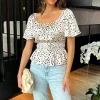 Cream And Black Spot Printed Flutter Sleeve Shirred Waist Top