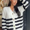 Cream And Black Stripe Knit Button Front Cardigan