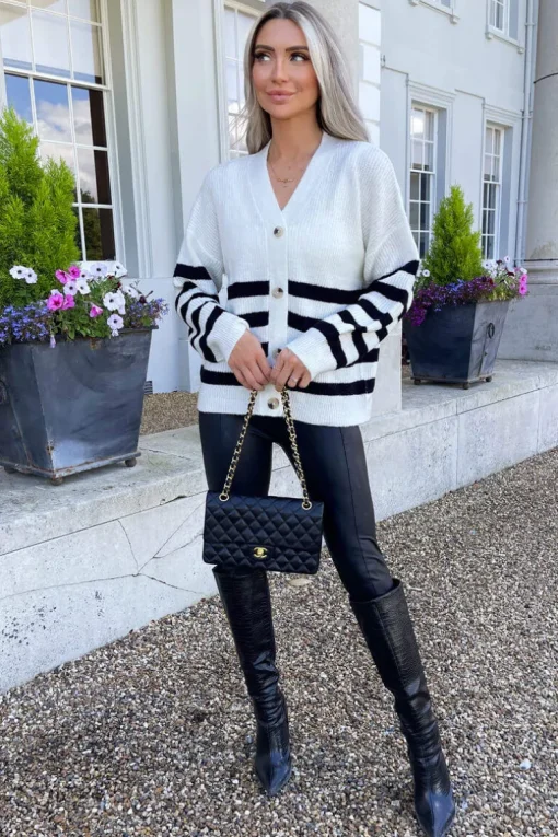 Cream And Black Stripe Knit Button Front Cardigan