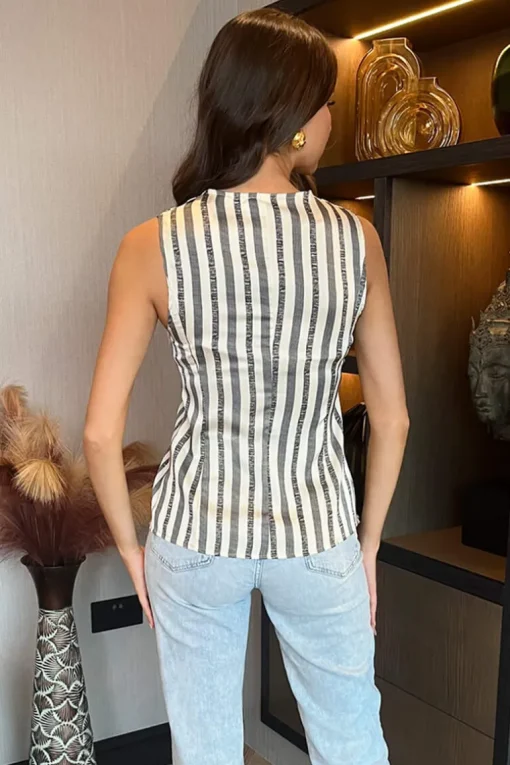 Cream And Black Stripe Print Button Front Waistcoat