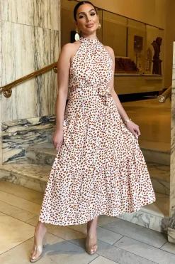 Cream And Brown Print High Neck Tie Belt Midi Dress