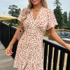 Cream And Brown Printed Short Sleeve V Neck Mini Dress