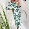 Cream And Green Printed Button Up Top Midi Dress