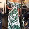 Cream and Green Printed Elasticated Waist Bardot Midi Dress