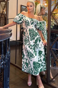 Cream and Green Printed Elasticated Waist Bardot Midi Dress