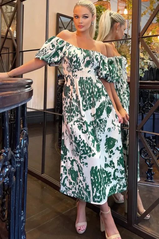 Cream and Green Printed Elasticated Waist Bardot Midi Dress
