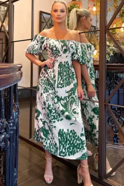 Cream and Green Printed Elasticated Waist Bardot Midi Dress