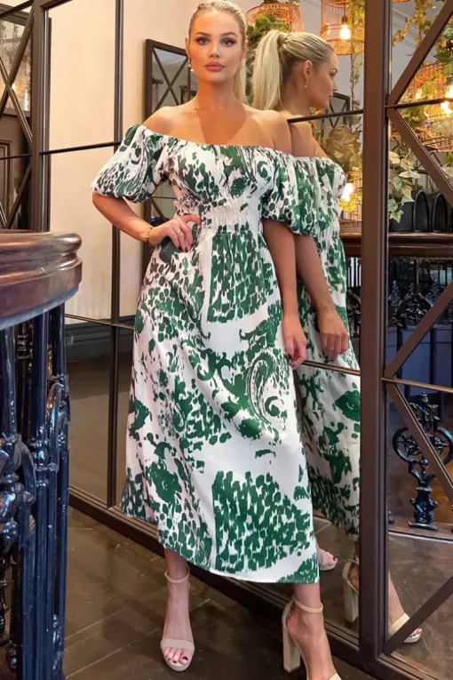 Cream and Green Printed Elasticated Waist Bardot Midi Dress