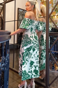 Cream and Green Printed Elasticated Waist Bardot Midi Dress