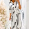 Cream And Navy Striped Button Up 3/4 Sleeve Midi Dress