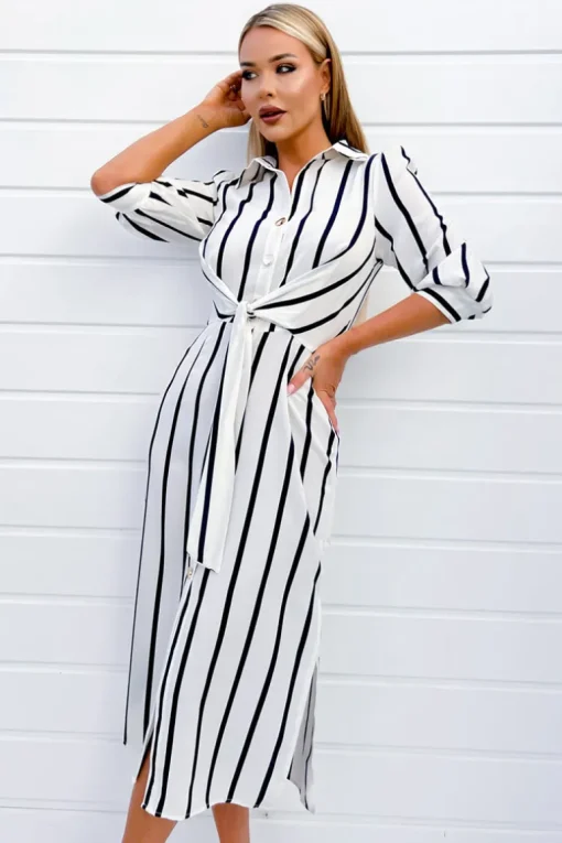 Cream And Navy Striped Button Up 3/4 Sleeve Midi Dress