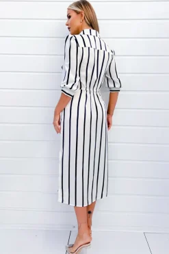 Cream And Navy Striped Button Up 3/4 Sleeve Midi Dress