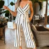 Cream And Navy Striped Wrap Top Tie Waist Jumpsuit