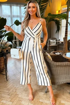 Cream And Navy Striped Wrap Top Tie Waist Jumpsuit
