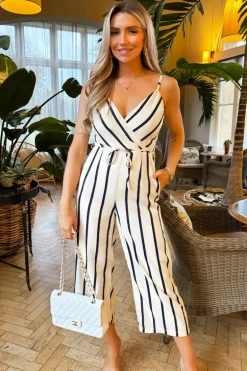 Cream And Navy Striped Wrap Top Tie Waist Jumpsuit