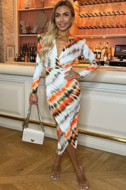 Cream And Orange Abstract Print Long Sleeve Wrap Midi Dress