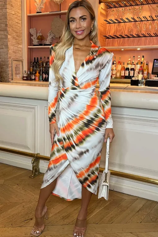 Cream And Orange Abstract Print Long Sleeve Wrap Midi Dress