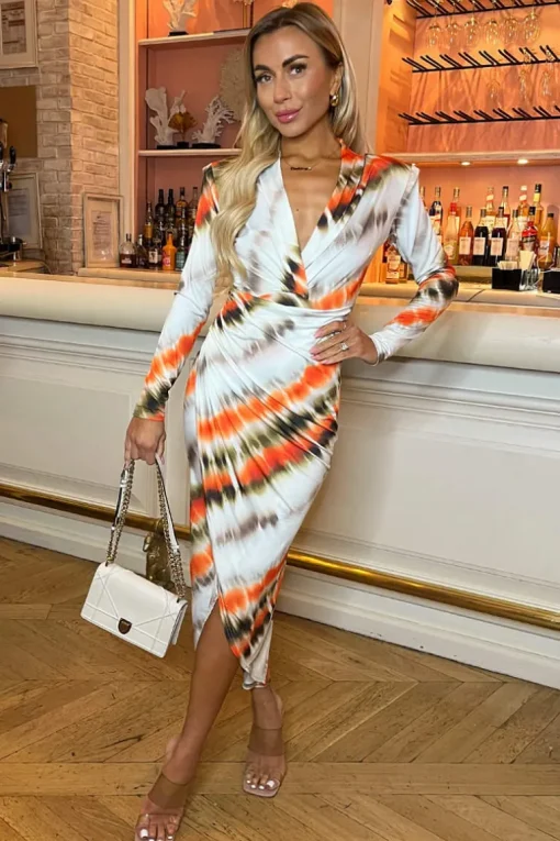 Cream And Orange Abstract Print Long Sleeve Wrap Midi Dress