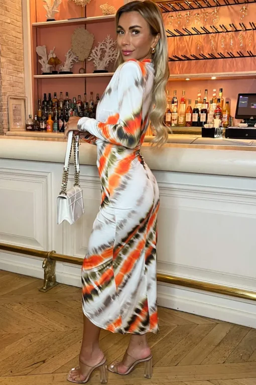 Cream And Orange Abstract Print Long Sleeve Wrap Midi Dress