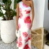 Cream And Pink Floral Print One Shoulder Open Back Twist Detail Midi Dress