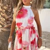Cream And Pink Floral Print Halter Neck Tie Waist Mini Dress