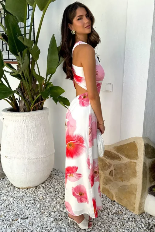 Cream And Pink Floral Print One Shoulder Open Back Twist Detail Midi Dress